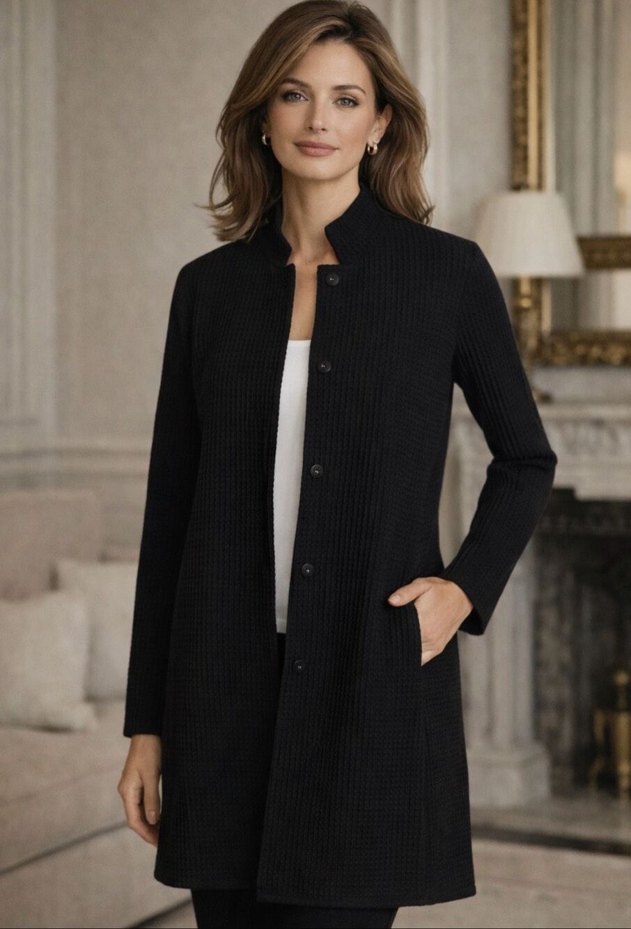 Eileen Fisher Black Textured Waffle Knit Long Cardigan Jacket Medium